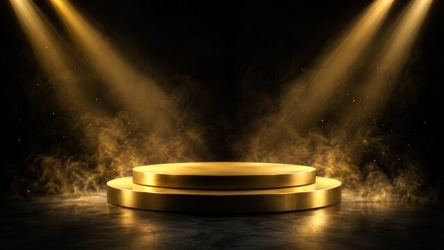 Golden podium stage with spotlight illumination and dramatic smoke background for luxury presentation