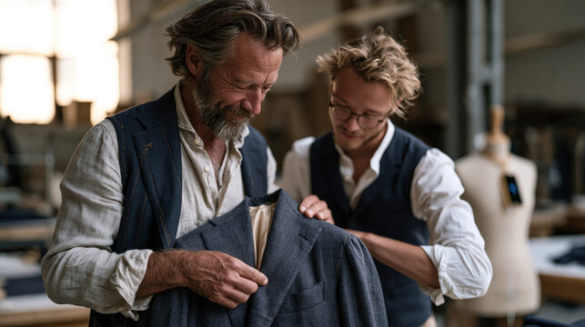 A master tailor and young apprentice examine a completed suit jacket together in an industrial atelier, the older craftsman adjusting lapels while the younger observes sleeve