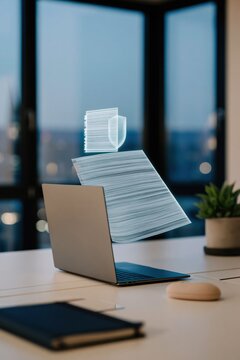 Floating stack of documents hologram above laptop for document management and secure file background and business banner