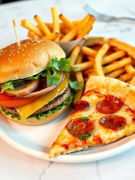 Freshly prepared burgers, crispy fries, and a slice of warm pizza on a clean plate, dinner, delicious