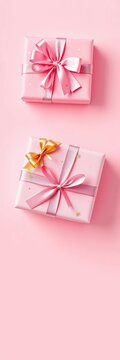 Gift wrapped boxes in pink and gold hues, isolated on soft pink background, conveying festive and cozy atmosphere, Scandinavian Style, ||Pink