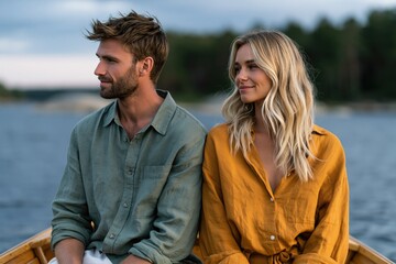 Fototapeta premium Young couple portrait in a wooden rowboat on a lake at dusk for romantic lifestyle banner and natural background design
