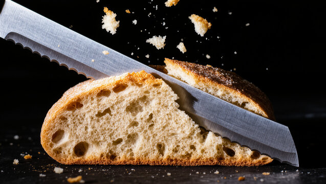 A dramatic close-up of a freshly baked artisan bread loaf being sliced with a serrated knife. Crumbs fly through the air against a dark background, showcasing freshness, texture, baking craftsmanship,