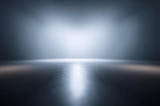 A clean empty studio space with silver and gray gradient background for product display. Modern, minimalist style. Use for advertising, presentation, backdrop, or mockup. Reflective floor adds depth.