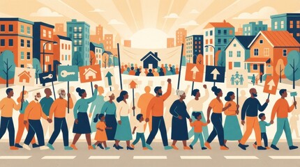 Obraz premium People march together holding signs for affordable housing in a busy urban setting with buildings and a crowd in the background.
