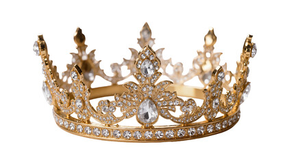 Ornate golden tiara with clear diamonds, isolated on transparent background © Mihai