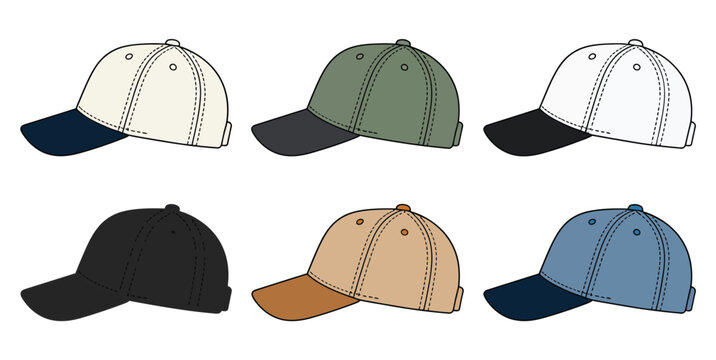 Baseball cap icons featuring six colorful sports hats in flat vector style for fashion and apparel design