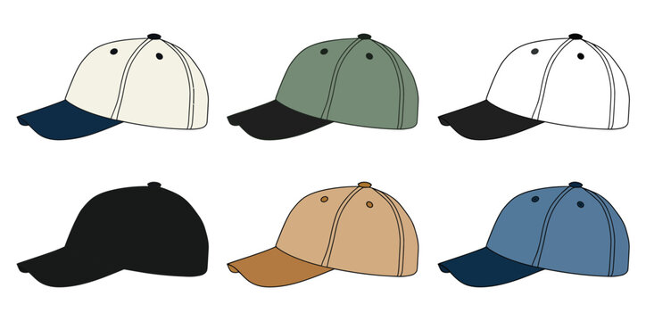 Colorful baseball cap icon set with six casual hat designs in flat vector style for clothing projects