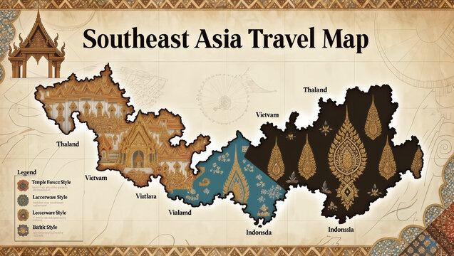 An artistic editorial-style map of Southeast Asia featuring each country illustrated with its traditional cultural motifs and architecture. Ideal for travel, tourism, education, geography, and cultura