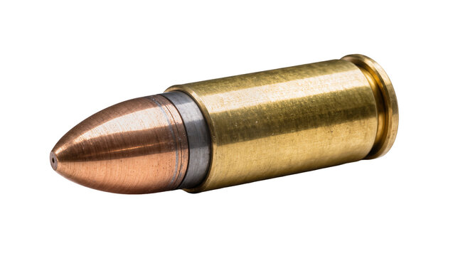 Single brass and copper bullet cartridge, isolated on transparent background