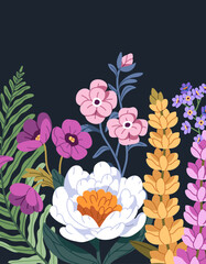 Obraz premium Postcard with wildflowers. Card design with different flowers. Poster with anemone, peony, lupine and leaf of fern. Floral template with blooming nature, meadow plants. Flat vector illustration