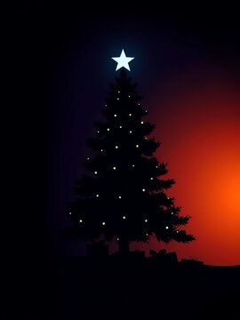 Silhouette of a Christmas tree with presents underneath, star on top, presents, celebrations