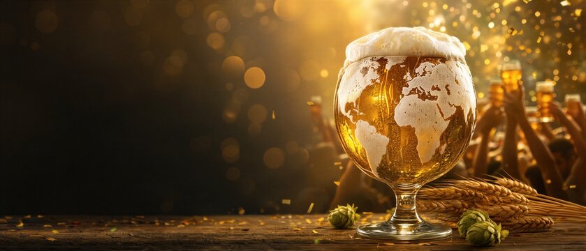 Beer glass with foam shaped as a world map for International Beer Day. Golden alcoholic beverage celebrating global brewery culture. Banner with copy space