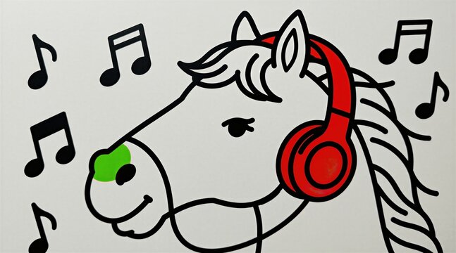 Minimalist line art shows white horse with red headphones listening to music. Black musical notes float around the happy equine enjoying its audio entertainment. Whimsical graphic design.