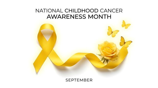 National childhood cancer awareness month yellow ribbon and rose composition