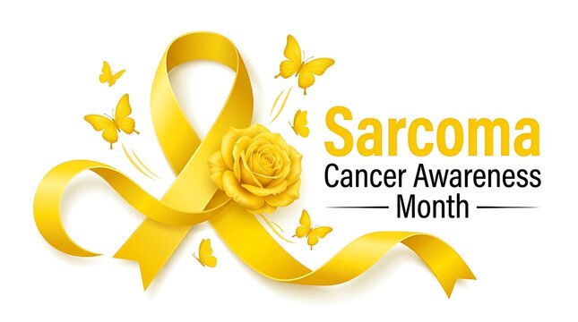 Sarcoma cancer awareness month banner with yellow ribbon and rose, awareness
