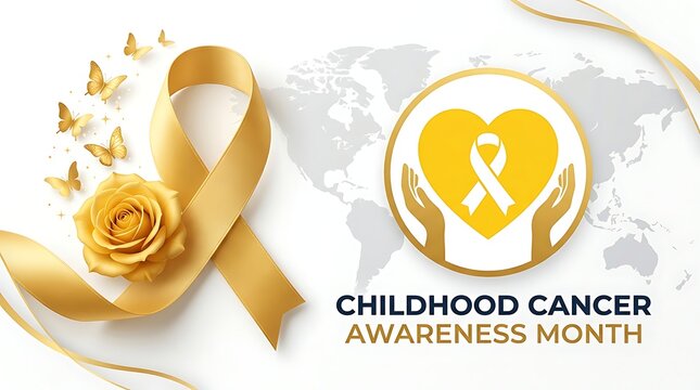 Childhood cancer awareness month yellow ribbon and heart hands illustration