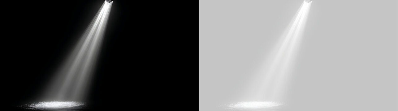 Bright spotlight effect illuminating stage floor on dark background. White beam of light design element for studio presentation