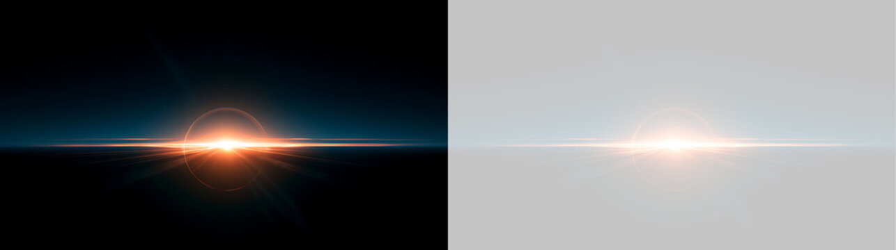 Horizon bright lens flare with glowing ring halo effect. Optical orange sunrise beam and horizontal light streak