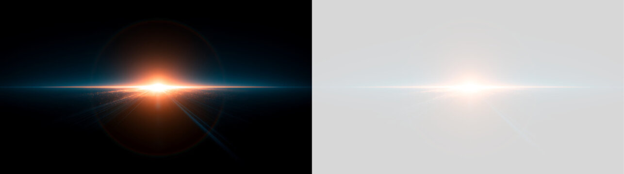 Horizon light flare burst with glittering particle dust effect. Orange optic anamorphic lens flare overlay
