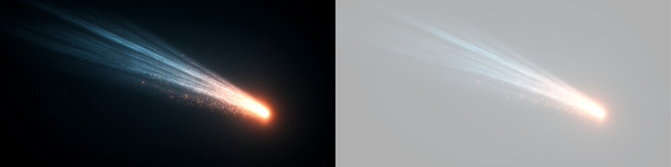Flying comet meteor effect with trail of sparkling particles. Diagonal fiery light streak on transparent background © Boris