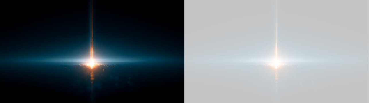 Bright light beam visual effect on transparent background. Glowing energy laser ray with orange sparks hitting ground