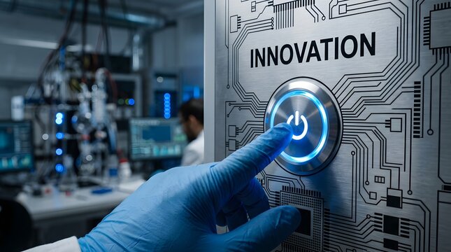 Innovation button being pressed by hand in blue glove at modern laboratory.