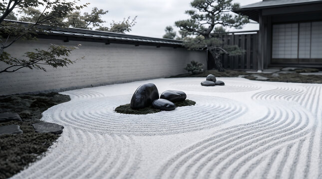 Traditional Japanese Zen Garden with Raked White Sand and Rocks.