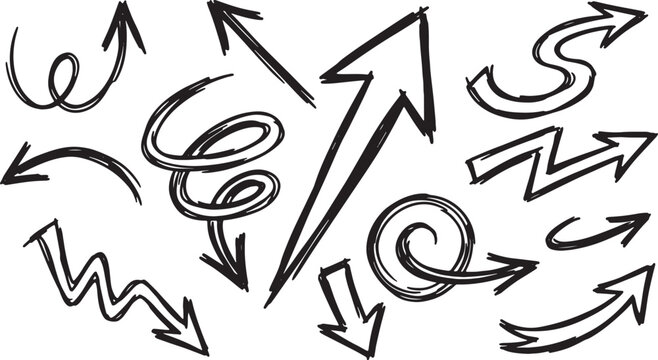 Hand-drawn arrows, circles, and swirls in black ink on white doodles