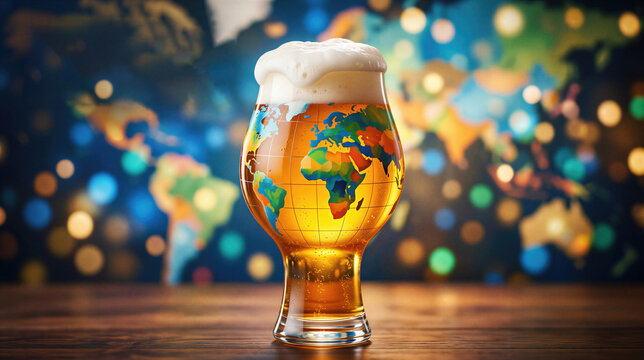 Beer glass with world map print filled with golden lager. International Beer Day celebration concept. Global brewery industry and travel theme showing worldwide appreciation of craft drink.