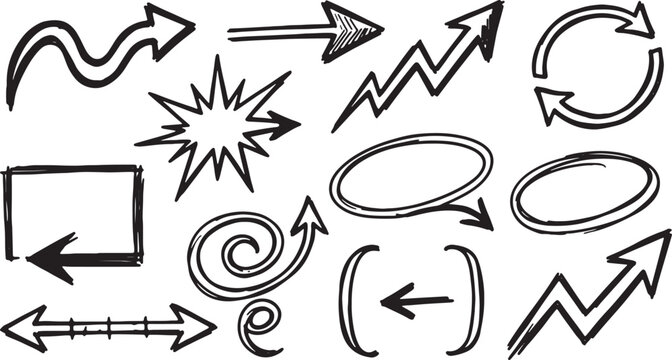 Hand-drawn arrows, circles, and symbols on white background, lines curves