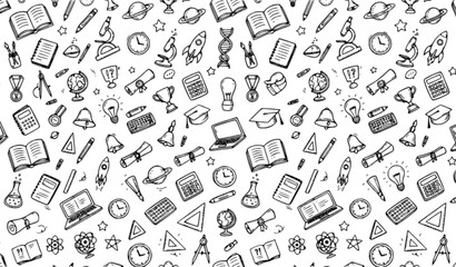 Hand Drawn School Education Seamless Pattern with Science Math Learning and Achievement Icons Vector © Sadhon