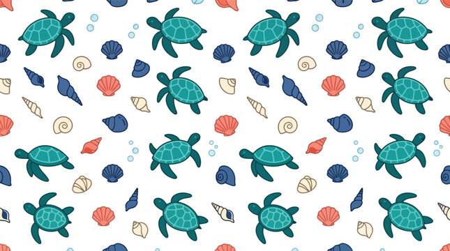 Cute sea turtle and seashells repeating background pattern with seamless
