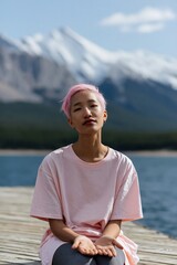 Fototapeta premium Portrait of a seated person with outstretched hands on a dock by a mountain lake for mindfulness banner and wellness background with gentle pastel colors