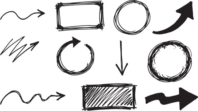 Hand-drawn arrows, circles, rectangle, and waves in black ink