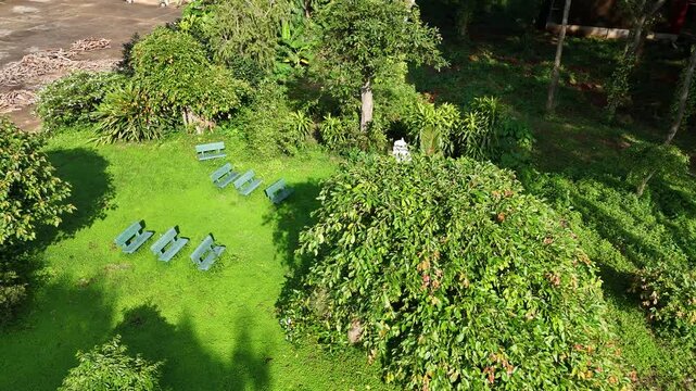 Drone footage beginning from a treetop and slowly advancing over a peaceful monastery garden in Dak Lak, Vietnam. Stone benches are arranged across soft green lawns before gradually revealing the Chri