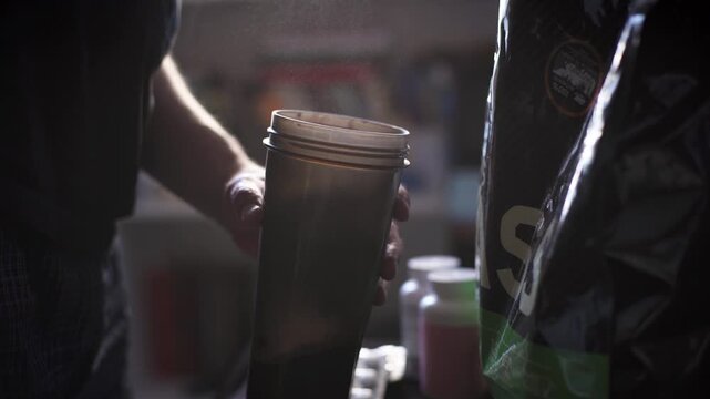 Man pouring scoop of weight gainer powder into fitness shaker bottle close up