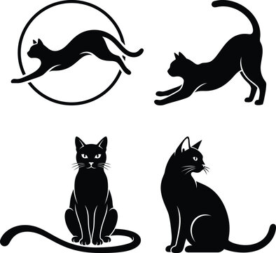 Black cat silhouettes collection dynamic poses for graphic design and branding