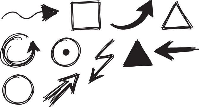 Hand-drawn arrows, circles, triangles, and squares in black ink