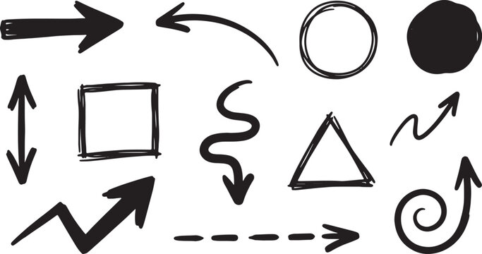 Hand-drawn arrows, geometric shapes, and symbols in black and gray