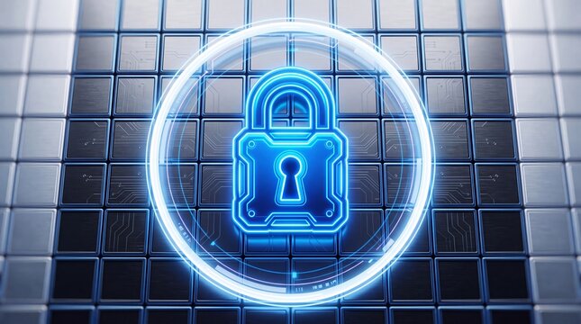 Glowing digital padlock icon. Cyber security concept for data protection and network safety.