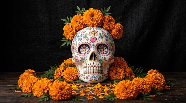 Sugar skull decoration framed by marigold flowers for a Mexican celebration