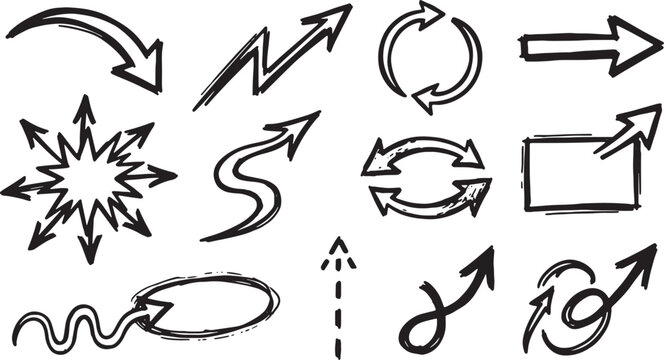 Hand-drawn arrows, symbols, and geometric shapes in black ink zigzag wave circle square