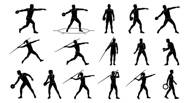 Athletics Silhouettes Collection: Track and Field Athletes in Action, Shot Put, Javelin, Discus, Hammer Throw, Running, Jumping, Vector Icons for Sports Design