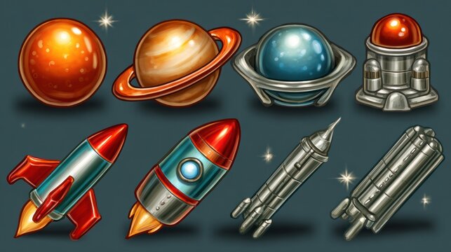 Space icons, planets, rockets, and stations