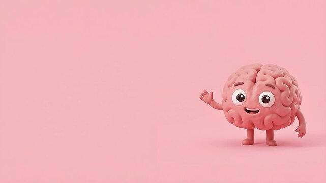 Cute 3d cartoon brain character waving hand on pastel pink background, pediatric mental health motion graphic with copy space