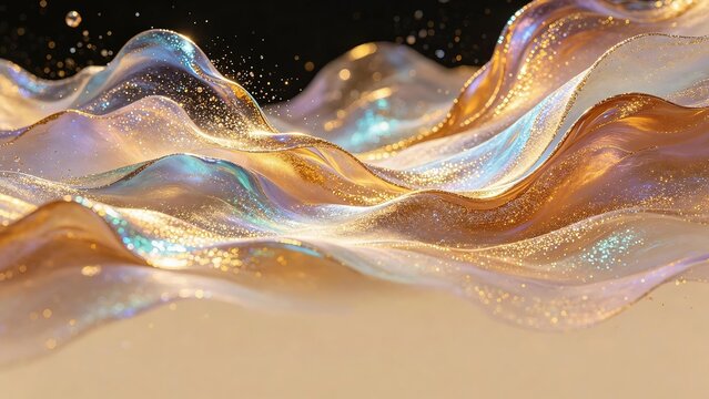 3D Rendered Translucent Iridescent Silk Waves with Gold Glitter, Floating Gold Dust Bokeh Deep Black Cream White, Luxury Fluid Wallpaper