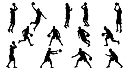 Dynamic Basketball Player Silhouettes, Action Poses Vector Set: Dunking, Shooting, Dribbling, Passing, Jumping, Athletic Sports Graphics for Commercial Use © rahul