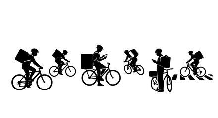 Naklejka premium Delivery Cyclists Silhouette Set, Urban Food Courier Icons, Bicycle Messenger Vector Collection, Mobile App Service Graphics