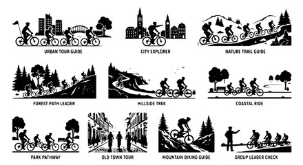 Fototapeta premium Mountain Biking Icons Set, Diverse Trail Adventures Vector Collection, Urban Exploration, Nature Trails, Coastal Rides, Group Cycling Graphics